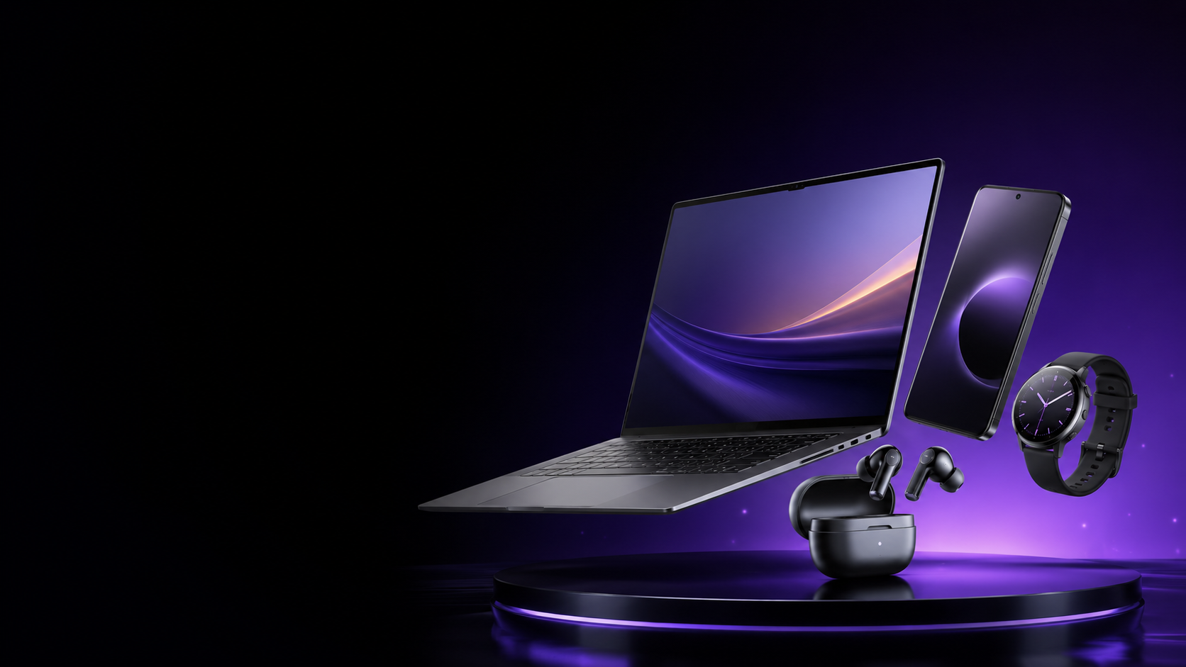 Premium laptop, smartphone, smartwatch and wireless earbuds